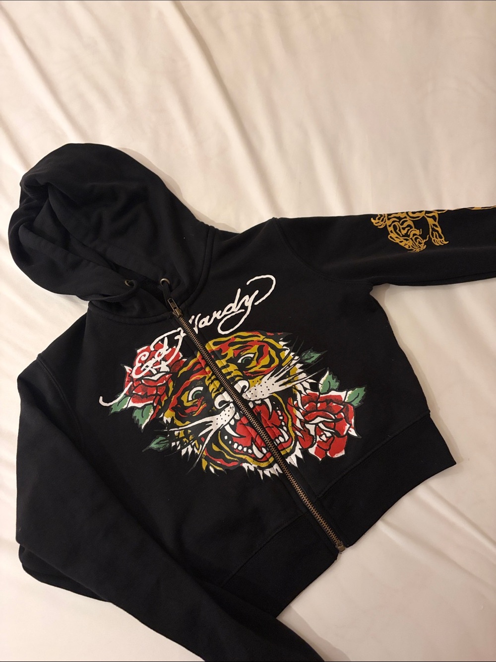 Ed Hardy  Black Zip-Up Hoodie with Tiger & Rose Graphic